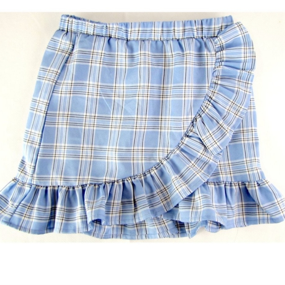 Blue, White & Black Plaid Ruffle Faux Wrap Mini Skirt (10Y/Jrs=Women's S🤷) NWOT